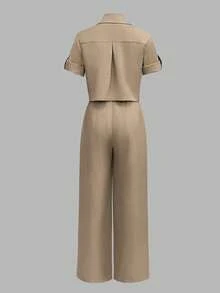 ANCHOSE Women's Khaki Short Turndown Collar Button Cuff Shirt + High Waist Elastic Waist Wide Leg Pants Set, Minimalist Casual Commuter Style, Spring/Summer - Khaki - View 3