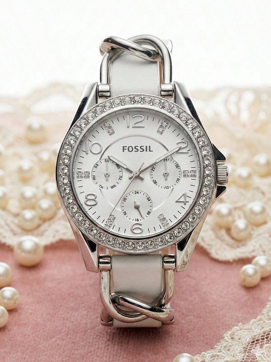 Fossil 女士优雅白色表盘真皮表带石英腕表，水晶表圈，多功能表盘，时尚腕表，适合日常佩戴和参加派对，是理想的浪漫礼物。 - 白色 - 查看 1
