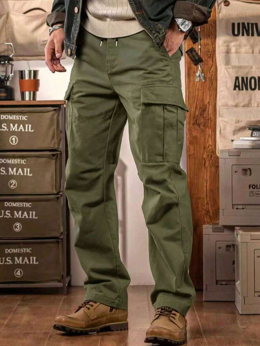 Men's Outdoor Multi-Pocket Cargo Pants, Solid Color Flat Front Casual Trousers, Suitable As A Gift For Boyfriend Or Husband Spring - 軍綠色 - 查看 1