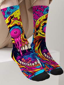 1 Pair Of Men's Novelty Socks With 3D Digital Print Skull Design, Mid-Calf Socks With 360° Print, Creative And Funny Socks, Couple Gift Socks, Suitable For All Seasons - Multicolor - View 12