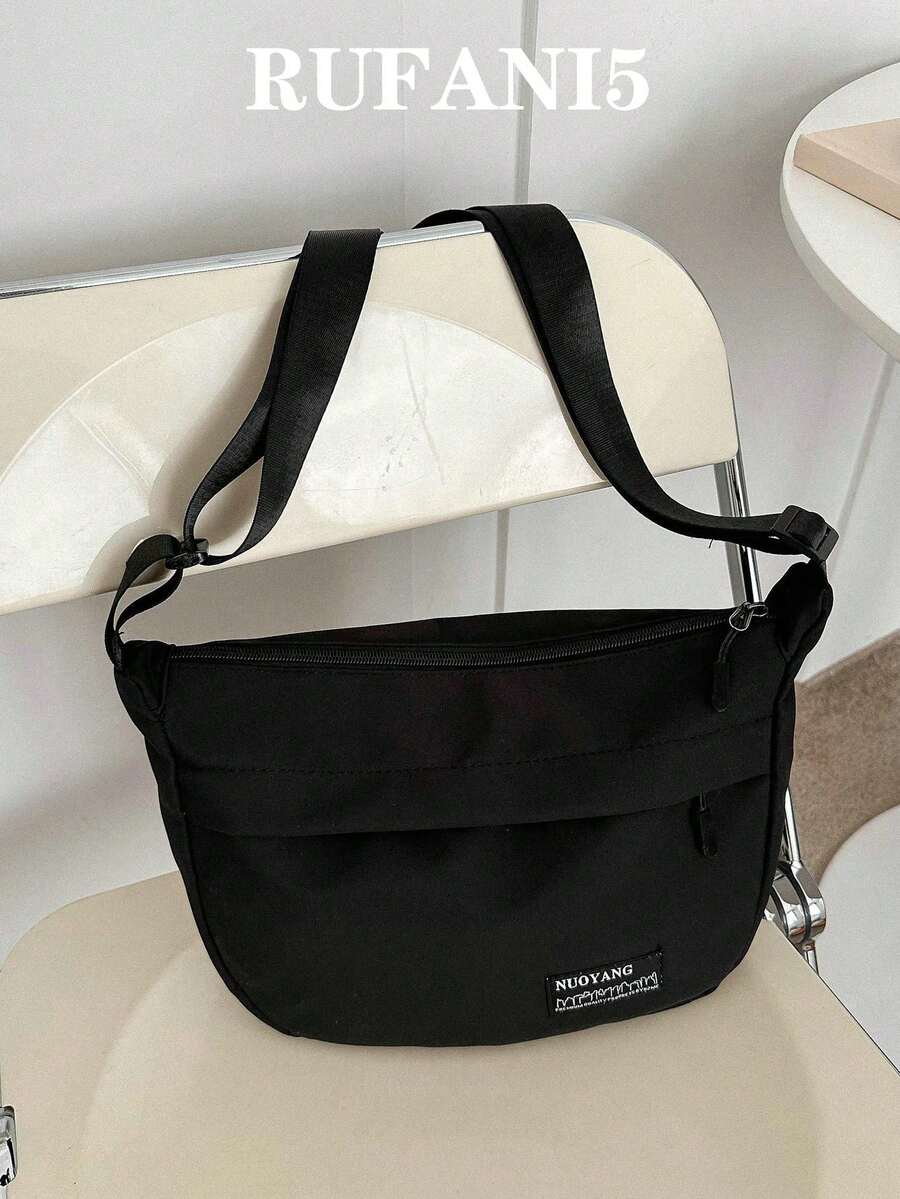 Casual Hobo Bag Letter Patch Decor Zipper Polyester - Black - View 1
