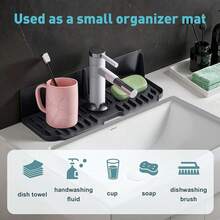 Sink Splash Guard Behind Faucet, Silicone Sink Faucet Drying Mat & Dish Soap Sponge Holder, Silicone Kitchen Sink Auto Drain Organizer (Black,Grey) - Multicolor - View 4