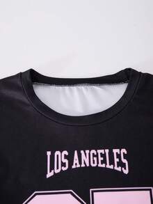 Tween Mädchen Süß & Cool Baddie Alltagskleidung Set Los Angeles Muster Rundhals Kurz T-Shirt + Weite Hose Zwei Teile Set, Rosa und Set - Schwarz - Übersicht 6