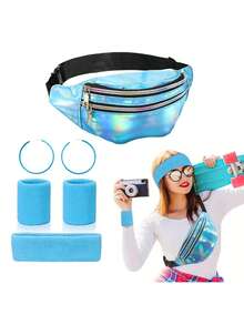 4件套 D EXCEED 80年代霓虹吸汗带套装，玫瑰红运动头带腕带腰包健身套装，适合运动瑜伽派对，80年代女士霓虹配饰，圣帕特里克节 - 彩色 - 查看 20