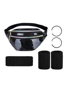 4件套 D EXCEED 80年代霓虹吸汗带套装，玫瑰红运动头带腕带腰包健身套装，适合运动瑜伽派对，80年代女士霓虹配饰，圣帕特里克节 - 彩色 - 查看 17