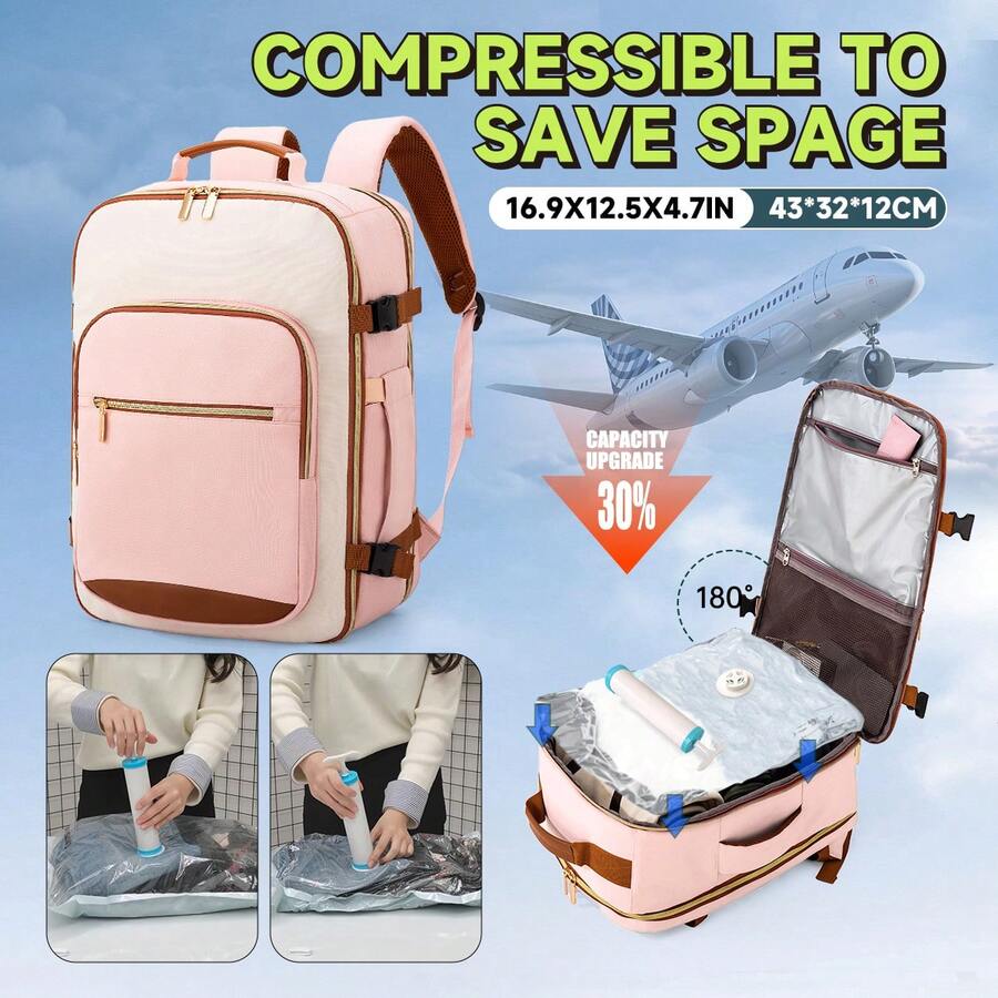 Vacuum Compression Travel Backpack With Manual Pump & Compression Bags - Airplane-Carryable Volume-Reducing Packing System, Lightweight For Hiking, Vacating, Business Trips - Unisex Luggage With Zipper Closure & Nylon
