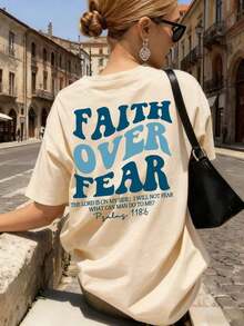 1pcs Plus Size Women's T-Shirt, Printed With "FAITH OVER FEAR" And Bible Verse Designs On The Back, Suitable For Church Services, Religious Activities - 杏子 2 - 查看 2
