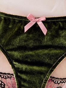 女士可调节肩带文胸内裤套装（2件套），蝴蝶图案内衣，舒适半透明性感内衣套装 - 墨綠色 - 查看 5