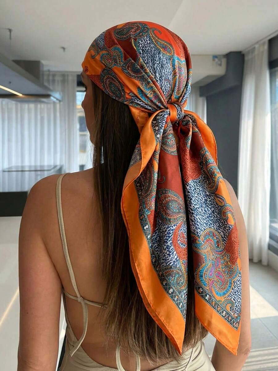 1pc Women's Large 90cm Paisley Print Satin Scarf, Silky Feeling Headscarf/Neckerchief - Orange - View 1