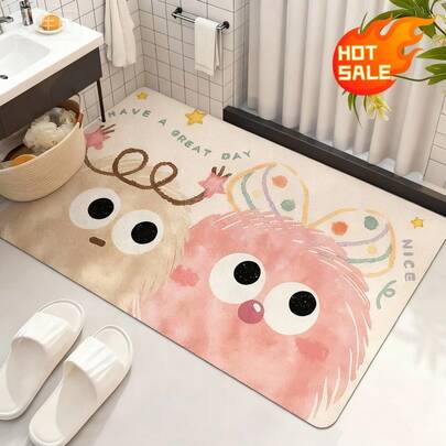 1PC Cartoon Diatom Mud Bath Mat, Cute Monster "Have A Great Day" Print, Super Absorbent Quick-Dry Non-Slip Bathroom Rug, Washable Floor Mat For Toilet, Kitchen, Laundry, Entryway | Soft Home Decor, Bathroom Accessories, Bath Mats, Rugs Living Room, Door Mat, Kitchen Decor, Housewarming Gift, Dorm Essentials, Kids Room Decor