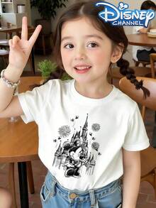 This Disney Castle And Minnie Mouse Patterned Summer T-Shirt Is Suitable For Boys And Girls And Makes A Great Gift For Children To Wear To Holiday Parties, Family Gatherings, Outdoor Activities, Travel, And Trips To Disneyland. - White - View 1
