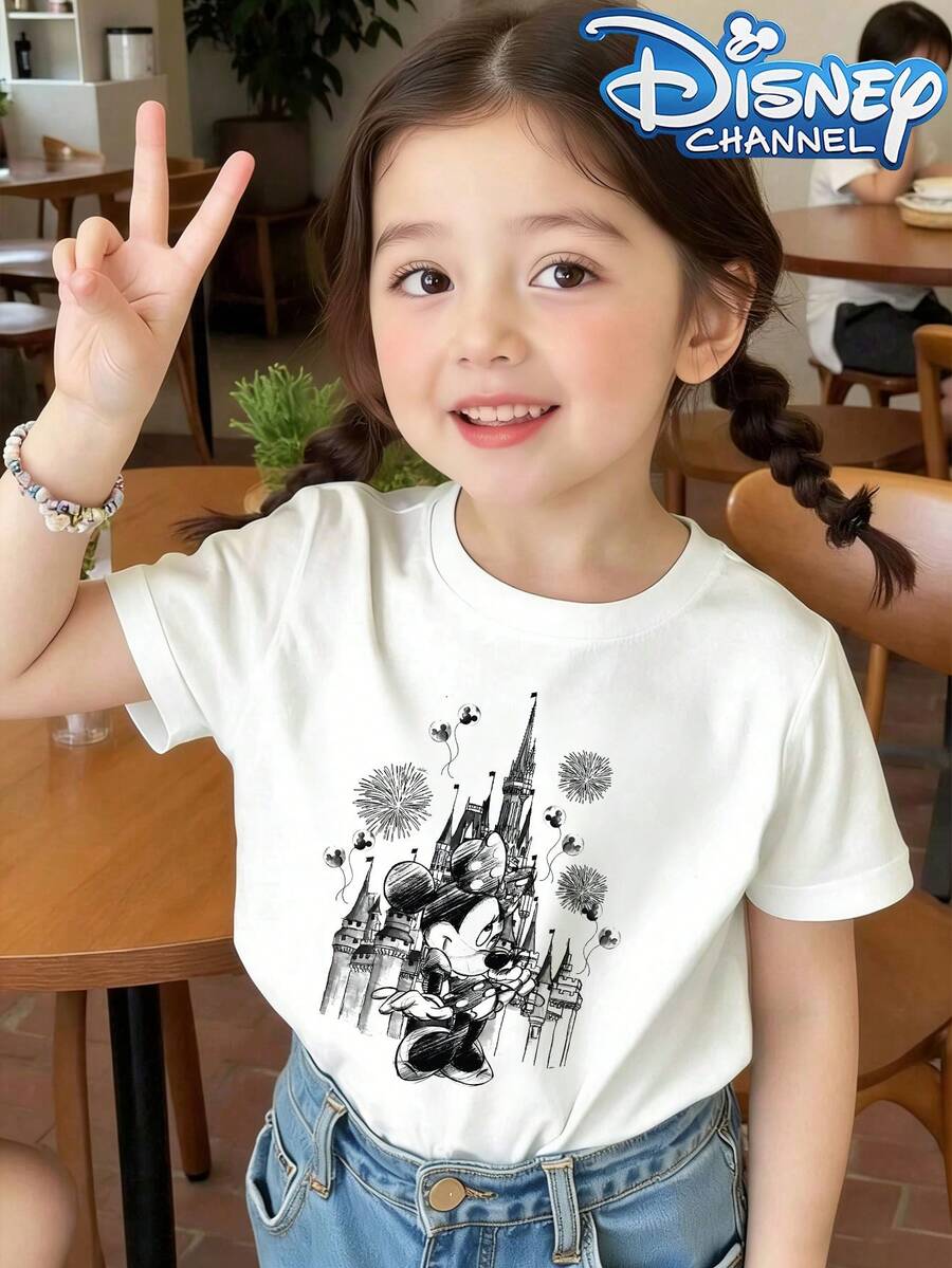 This Disney Castle And Minnie Mouse Patterned Summer T-Shirt Is Suitable For Boys And Girls And Makes A Great Gift For Children To Wear To Holiday Parties, Family Gatherings, Outdoor Activities, Travel, And Trips To Disneyland. - White - View 1