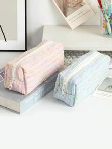 Knitted Line Pattern Pencil Case, Cream Yarn Large Capacity Pen Holder, Aesthetic Minimalist School Stationery Bag & Travel Makeup Organizer Pouch With Zipper - Multicolor - View 4