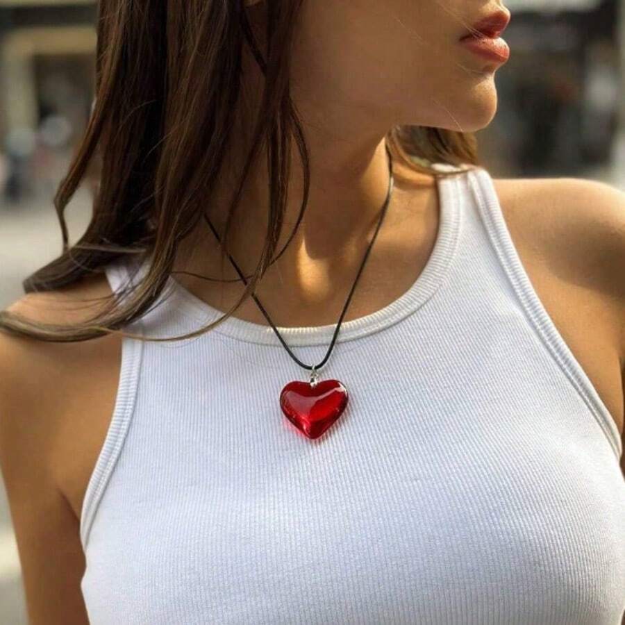 1 pieza Collar con colgante de corazón rojo de moda estilo hip-hop, regalo para niñas, adecuado para familia y amigos, uso diario para mujeres - amar - Ver 1