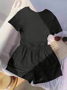 Tween Girl Digital Pattern Print Short Sleeve T-Shirt And Shorts Casual Set - Black - View 3