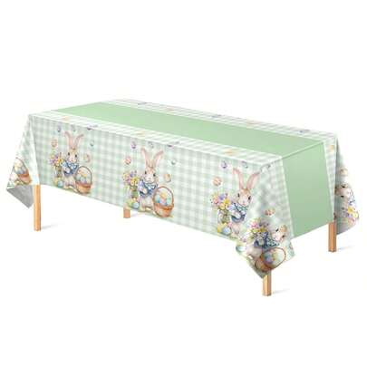 1-Piece/4-Piece Easter Bunny Tablecloth 54*108 Inches Rectangular, Colourful Easter Bunny Tablecloth Green Check Kitchen Table Cover Dining Room Spring Rectangular Tablecloth Indoor Decoration