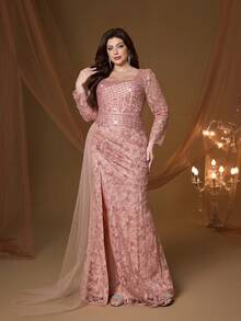 Anpoket, Hàng mới về, Cổ tròn, Thêu, Ren, Dây rút, Viền đính hạt, Tay dài, Eo thắt, Xẻ tà, Vải xếp ly, Cao cấp, Đầm dạ hội, Dành cho, Dạ tiệc cưới, Đầm dự tiệc, Đầm dự đám cưới, Đầm dạ hội màu hồng - Hồng - Xem 4