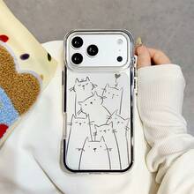 A Cute Doodle Cat Plating Frame Clear Phone Case, Slim Shockproof Cover Compatible With IPhone 17/17 Air/17 Pro/17 Pro Max/16/7/8/11/12/13/14/15/X/XR/Xs/Plus/Pro/Pro Max/SE2 - Black - View 3