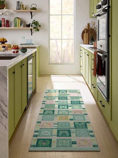 1 件装现代创意摩洛哥风格花卉撞色拼接格子地毯，柔软可水洗，适用于走廊、浴室、厨房、玄关、卧室、客厅等场所。