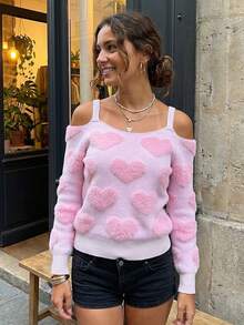 Women's Valentine's Day Heart Sweater Cold Shoulder Long Sleeve Knit Jumper Romantic Round Neck Pullover Tops - Pink - View 1
