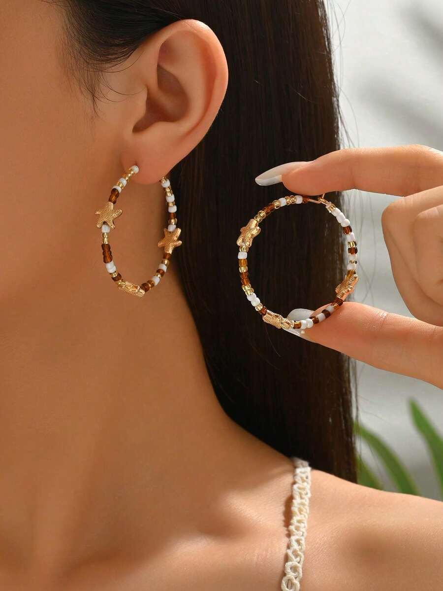 1 Đôi bông tai thủ công phong cách Bohemian lãng mạn, thiết kế thời trang trang trí vỏ sò, mạ vàng, thích hợp cho trang phục thường ngày, kỳ nghỉ biển, lễ hội âm nhạc. Màu sắc hạt thủy tinh được chọn ngẫu nhiên. - Nhiều màu - Xem 1