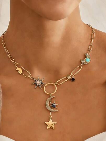 1pc Retro Exaggerated Fashion Rhinestone Star Moon Crescent Pendant Necklace, Suitable For Daily, Dating, Outing, Slight Color Difference Is Normal