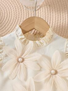 Young Girls Spring/Summer 3D Pearl Flower Cap Sleeve Top + Lace Hem Flared Pants Elegant Sweet 2-Piece Set - Apricot - View 3