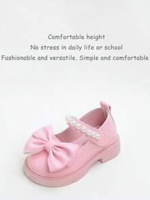 1 Pair New Minimalist Princess Style Pearl Bow Solid Color Flat Shoes For Kids, Suitable For Performance, All Seasons - Pink - View 8