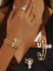 2 pezzi Set di bracciale e anello con charm a forma di faccia sorridente in zirconia cubica della serie fantasy, set di gioielli da matrimonio in lega di rame con zirconia cubica brillante, adatto per banchetti, balli, feste - Oro giallo - Visualizzare 2