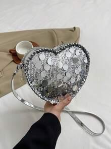情人节畅销亮片心形晚宴包 | 法式链条手拿包 | 单肩斜挎两用 | 带卡位 | 母亲节礼物 - 銀色 - 查看 1