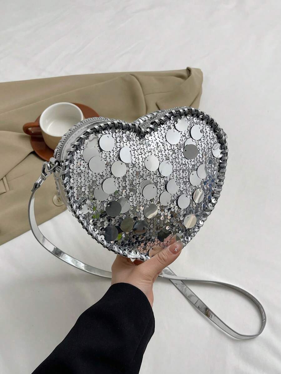 情人节畅销亮片心形晚宴包 | 法式链条手拿包 | 单肩斜挎两用 | 带卡位 | 母亲节礼物 - 銀色 - 查看 1