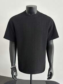 1 chiếc áo thun nam ngắn tay màu đen dày dặn, vải dệt sọc dọc, chất liệu thoáng khí, thấm hút mồ hôi, có thể giặt máy/giặt khô, phong cách giản dị tối giản, phù hợp cho đi làm và hoạt động ngoài trời mùa hè, thoải mái và thoáng khí theo phong cách cổ điển. - màu đen - Xem 5