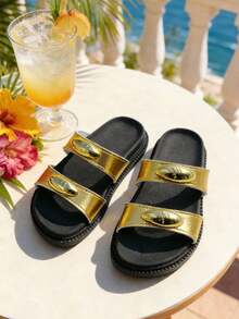 1 Pair 3-10 Years Old Girls' Black & Gold Metallic Buckle Sandals, Soft PU Non-Slip Thick Sole Open Toe Double Strap Flat, Fashionable Luxury Style, Summer Outdoor/Daily Wear - Gold - View 1