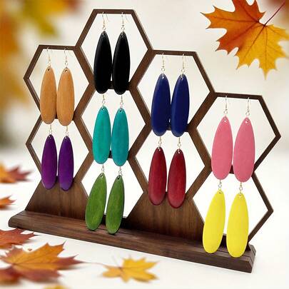 9对/套 复古极简波西米亚风木质耳环，多色混合几何夸张造型木质耳环，百搭时尚配饰，女士必备