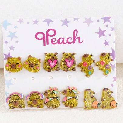 12pcs Cute Cartoon Earrings, Colorful Summer Jewelry For Girls