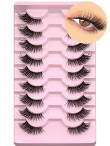 9对D型卷翘浓密5D仿貂毛假睫毛，轻盈自然的半截式假睫毛，蓬松奢华的效果，适合日常佩戴和派对场合，可重复使用且防水 - 黑色-F28-1 - 查看 6