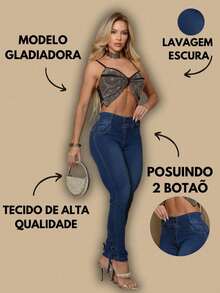 Calça Jeans Detalhada Gladiadora Escura de Cos Largo Premium Com 2 Botão New Vintage - Azul - Visão 5