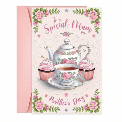 1PC Floral Tea Set Mother's Day Card (With Envelope) - "To A Special Mum On Mother's Day" Elegant Message, Perfect For Mom/Mother's Day, Warm Greeting Card