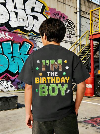 t-shirt imprimé pixel "I'm The Birthday Boy", convient pour les événements, les tenues décontractées, les fêtes, les cadeaux d'anniversaire pour les garçons, la tenue de fête d'anniversaire - cadeau idéal pour les célébrations d'anniversaire, Top d'été pour les garçons