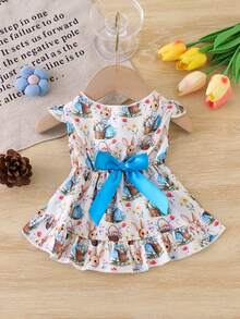 复活节猫狗卡通兔子印花短袖宠物连衣裙 - 杏色 - 查看 1