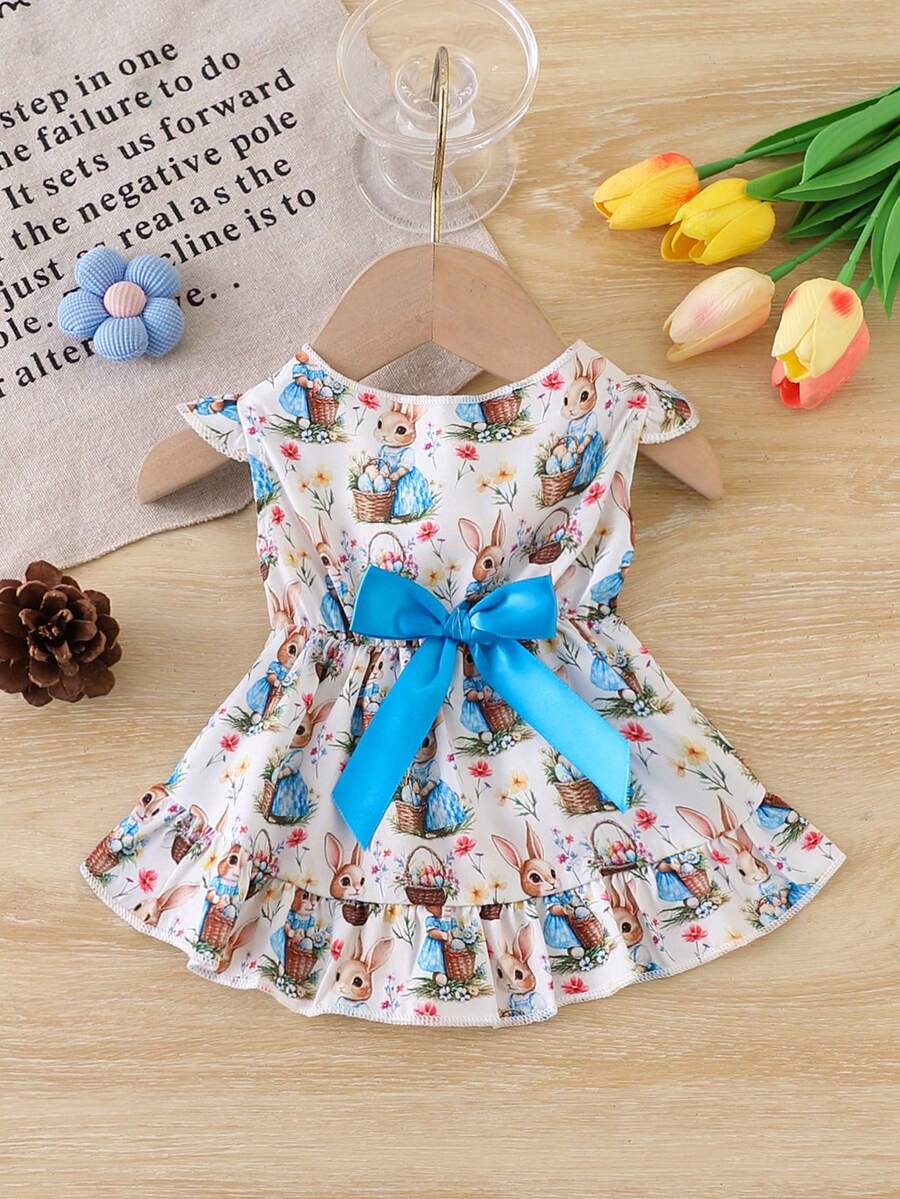 复活节猫狗卡通兔子印花短袖宠物连衣裙 - 杏色 - 查看 1