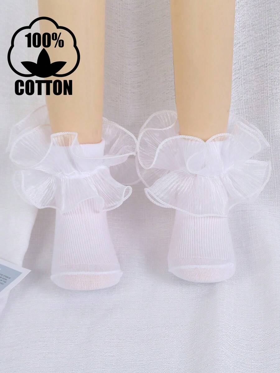 1 par de calcetines de tobillo de algodón de unicolor con volantes de encaje para niños y niñas de todas las estaciones, calcetines de baile, calcetines de princesa para bebés - Blanco - Ver 1