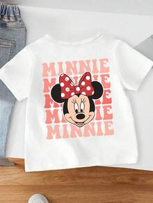 Disney Minnie Mouse Double-Sided Kids' T-Shirt – Soft White Short Sleeve Tee With Repeating "MINNIE" Print & Cute Bow Graphic For Girls - 白色 - 查看 2