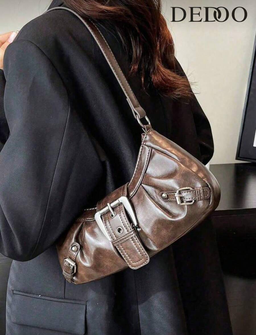 1pc Women Retro Biker Chic Studded Adjustable Strap Crossbody Bag, Large Capacity Soft Gradient Leather Shoulder/Underarm Bag, Suitable For Work, Dating, Parties, Vintage Bag For Women, Halloween Purse Perfect For Fancy Party Halloween Fashion & Gothic Fashion - 棕色 - 查看 1