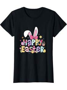 Happy Easter 2026 Cute Bunny Rabbit Easter Day Women Girls-Shirt - Black - View 3
