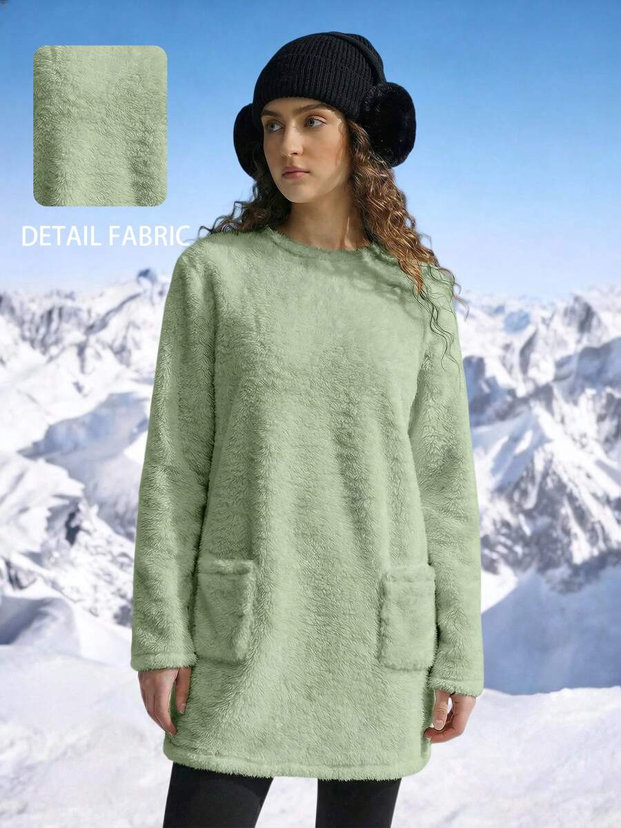 Women's Round Neck Long Sleeve Pocket Furry Long Tops, Autumn/Winter - Green - View 1