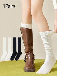 2双装女士黑白简约修身小腿袜，保暖长袜，适合日常搭配皮鞋，秋冬季舒适保暖。 - 彩色 - 查看 9