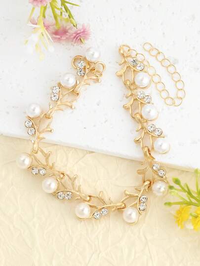1 pieza Elegante brazalete con diseño de rama hueca de perlas falsas y cristales, adecuado para uso diario, citas, fiestas, vacaciones en la playa, accesorio perfecto como regalo