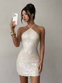 Đầm ngắn hở lưng cổ yếm màu trắng thanh lịch, sang trọng đính sequin - Lý tưởng cho câu lạc bộ, lễ hội, đi chơi đêm, tiệc mùa hè, lễ hội, bãi biển, kỳ nghỉ và đám cưới tốt nghiệp. - trắng - Xem 11