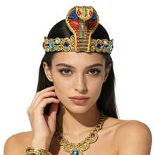 2件套金色水钻蛇头埃及艳后服装配饰套装，蛇头发饰+串珠发箍，适合狂欢节派对表演 - 金色 - 查看 5